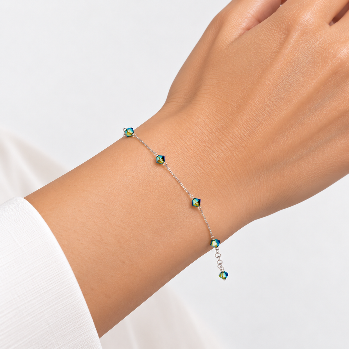 Pulsera Aurora Cristales Verde Oliva Plata