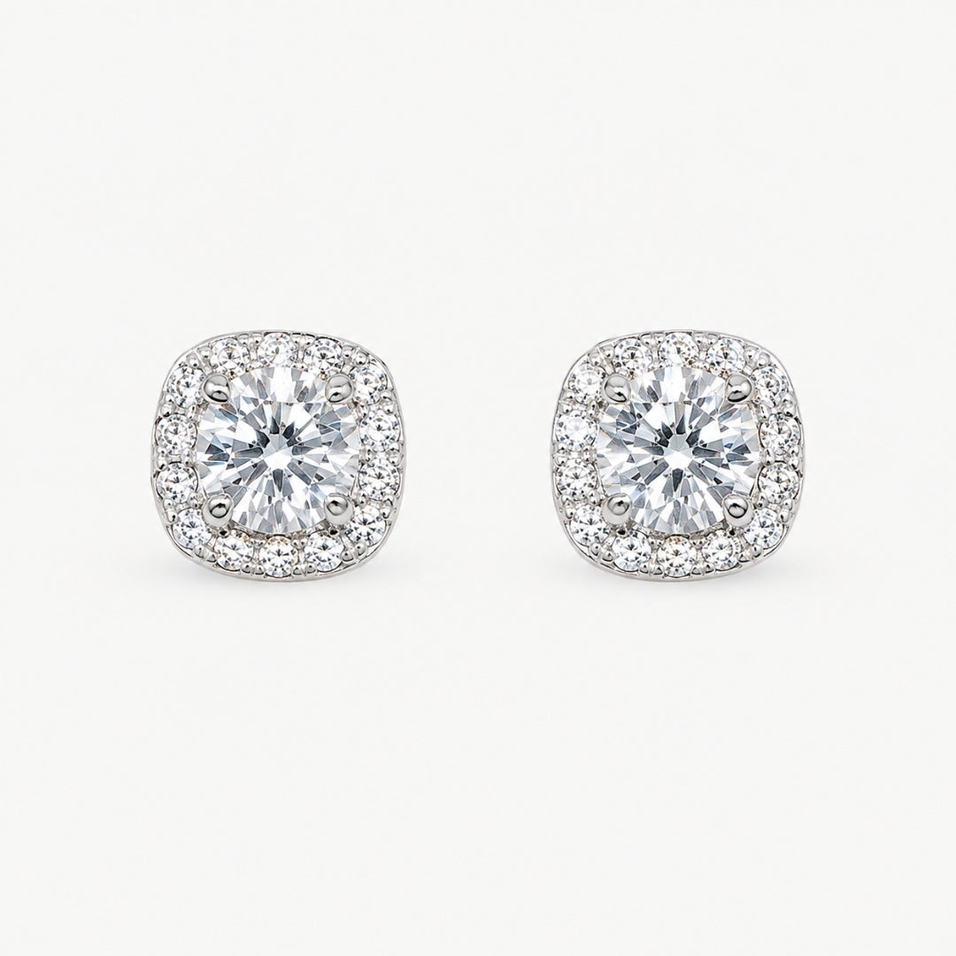 Aros Halo Cuadrado Moissanita Plata