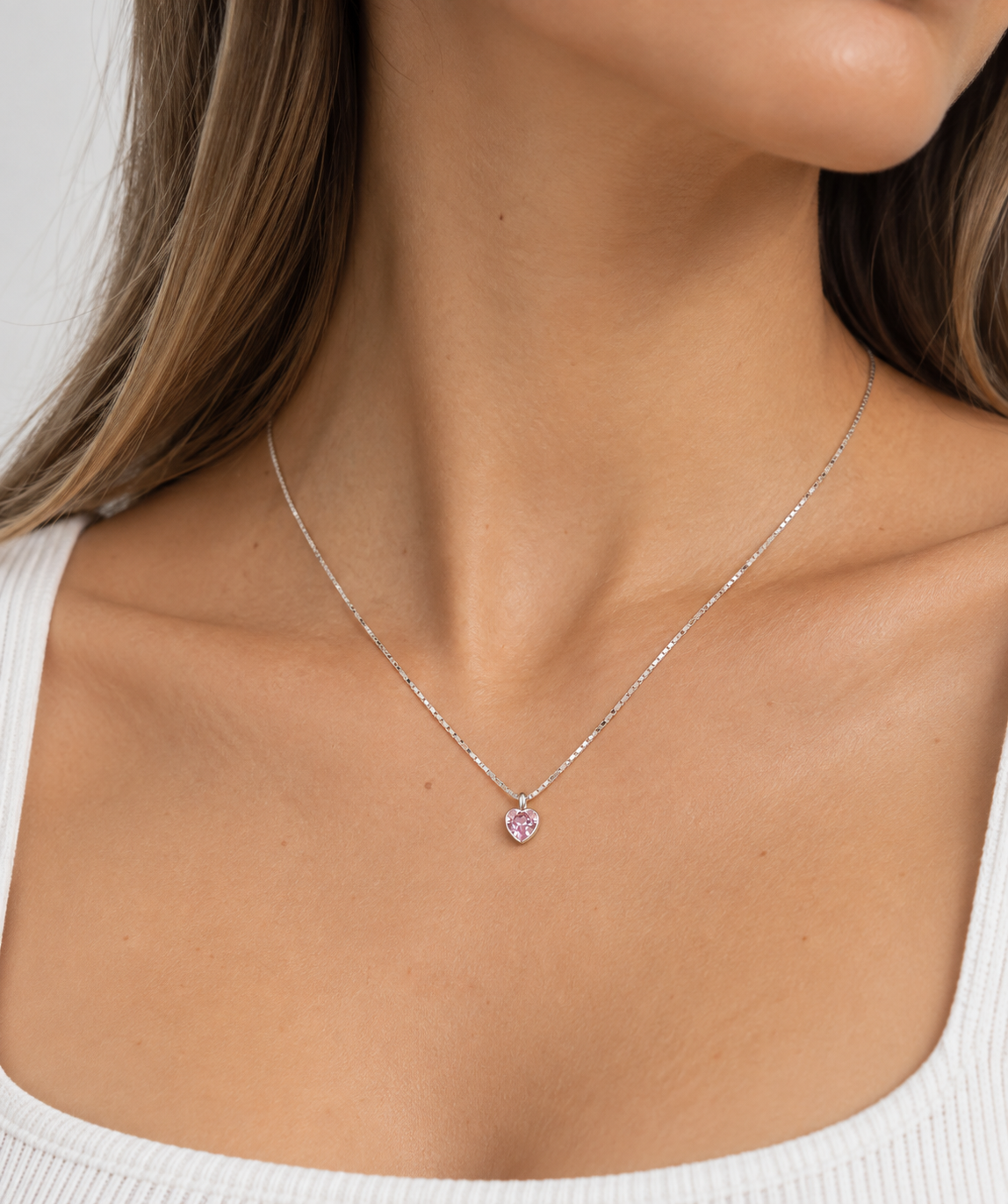 Collar Corazón Punto de Luz Rosa Plata
