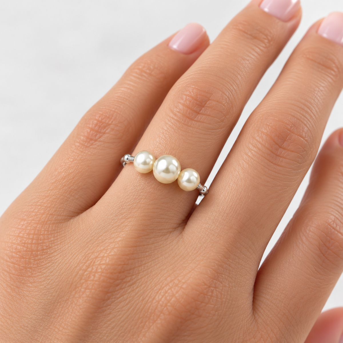 Anillo Trilogía de Perlas Ajustable Plata