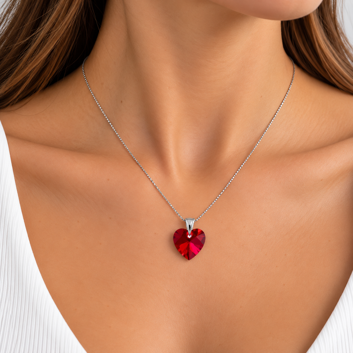 Collar Cristal Swarovski Corazón Rojo Plata