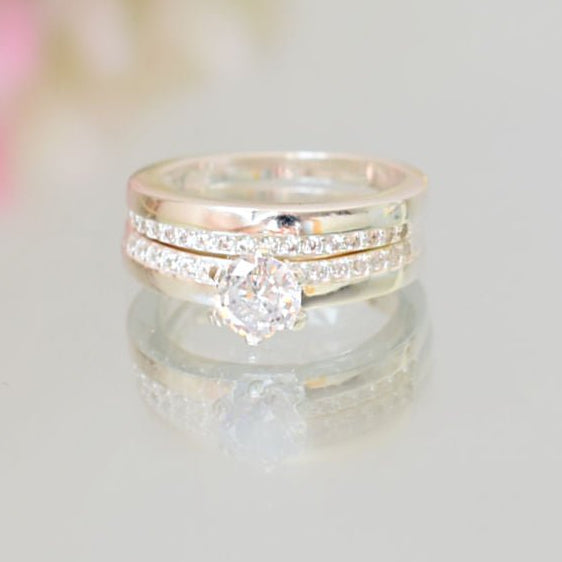 Anillo Doble Alianza Solitario Plata 925 - Joyas Gloss Crystal