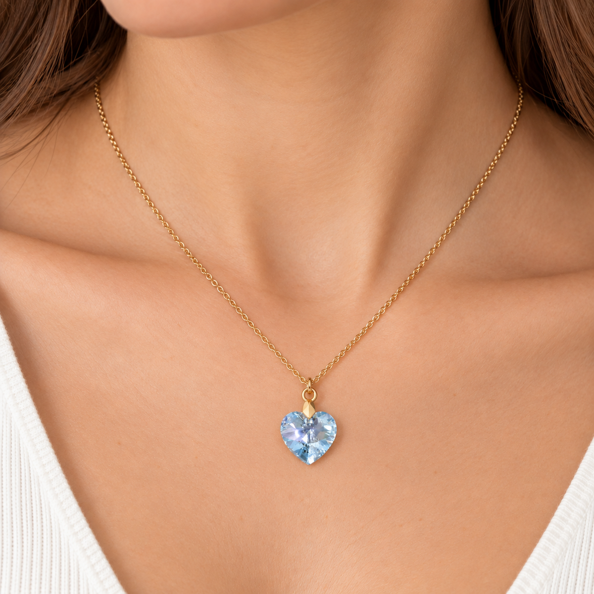 Collar Cristal Swarovski Corazón Aquamarine Oro