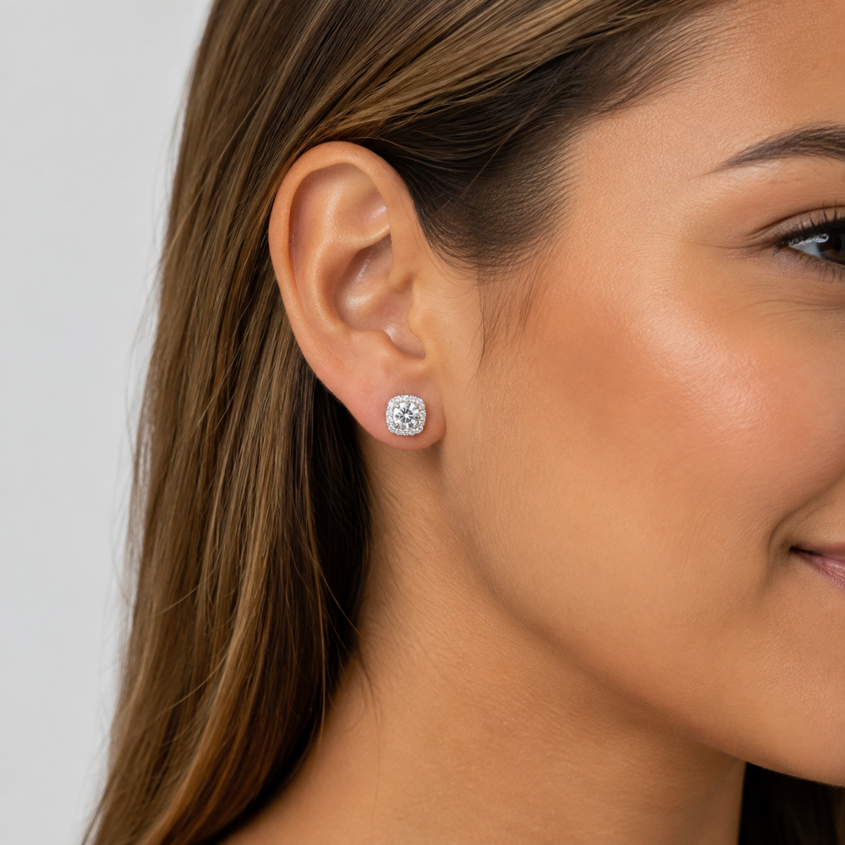 Aros Halo Cuadrado Moissanita Plata