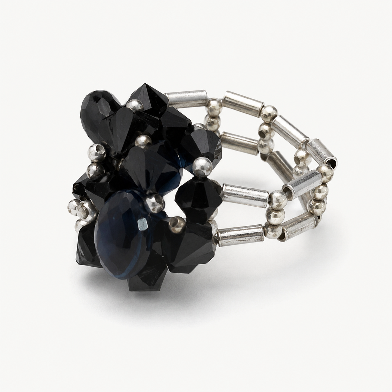 Anillo Ajustable Fiore Azul Cristales Swarovski Plata