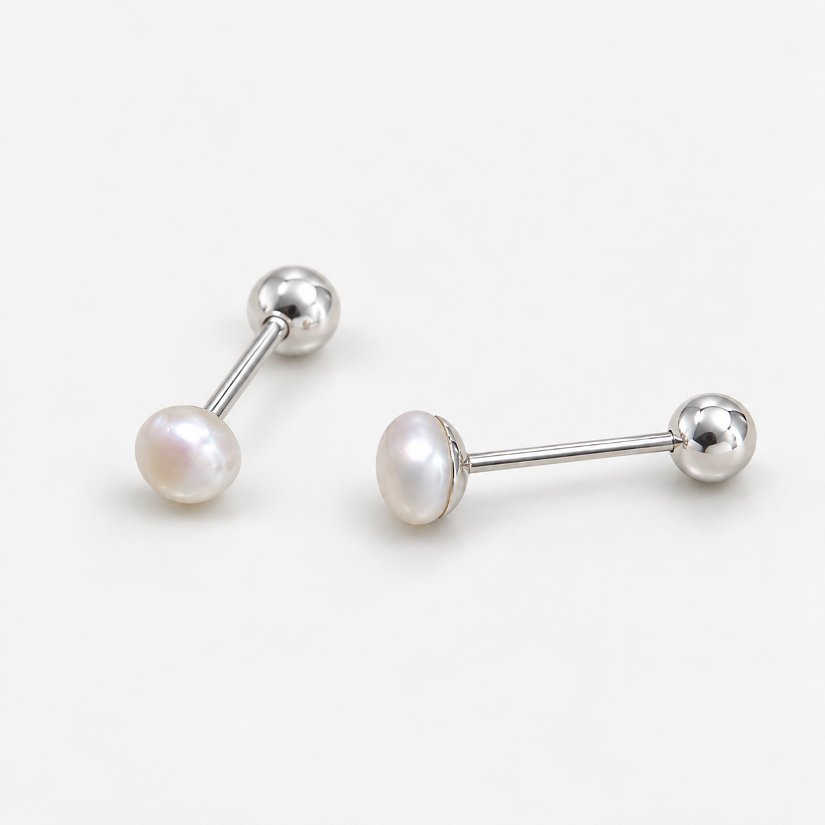 Aros de Perla Achatada Tope  Plata 3 mm