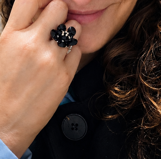 Anillo Ajustable Fiore Azul Cristales Swarovski Plata