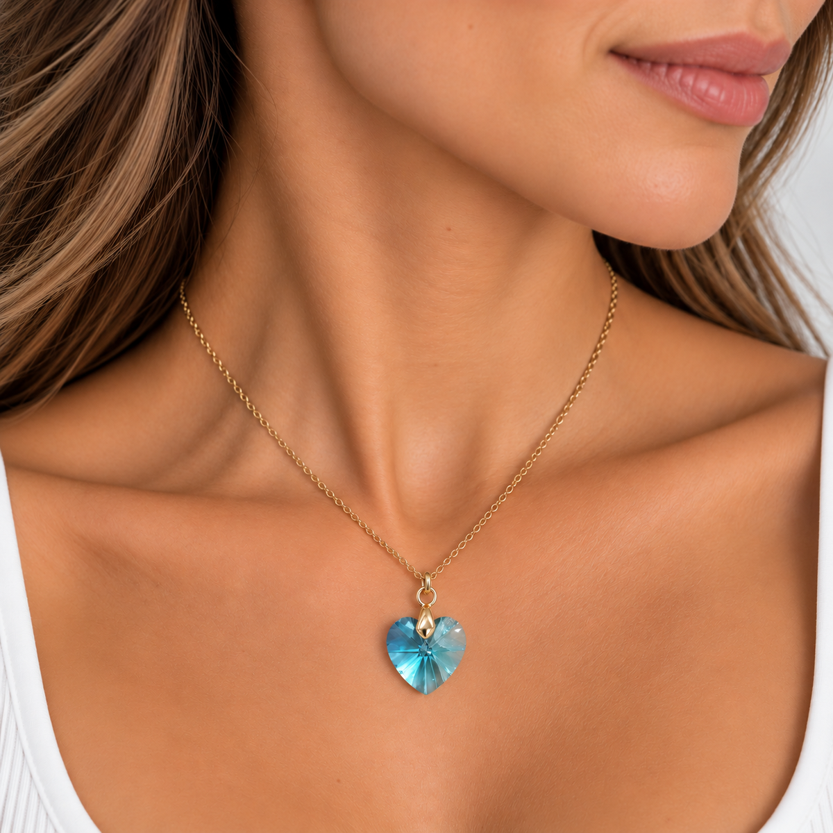 Collar Cristal Swarovski Corazón Turquesa Oro