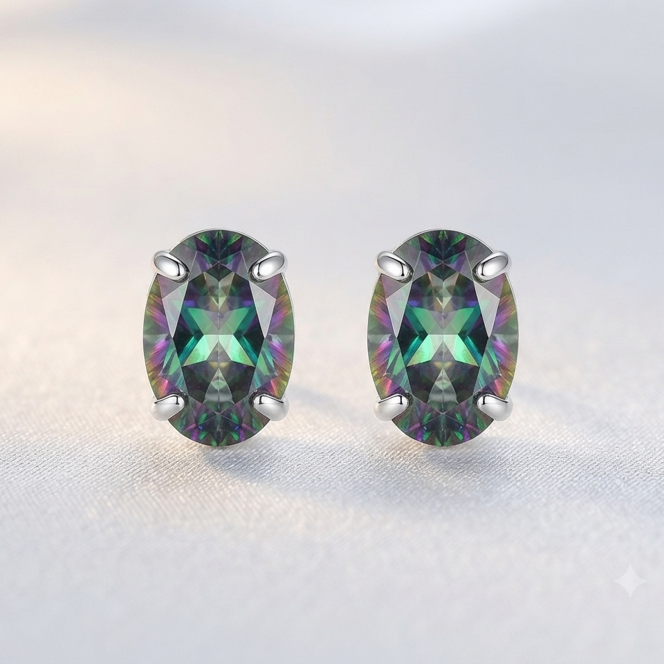Aros pegados circón tornasol ovalado plata