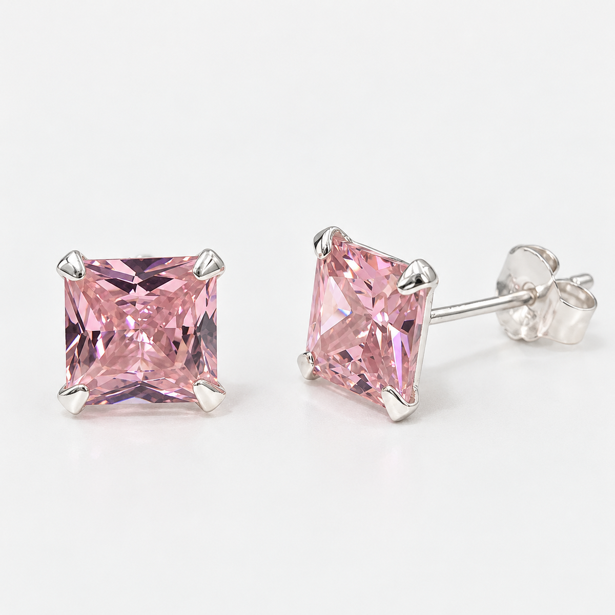 Aros punto de luz cuadrado rosa plata 6 mm