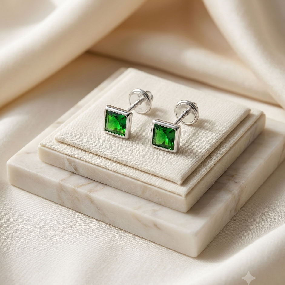 Aros cuadrados tope circón verde 6mm plata