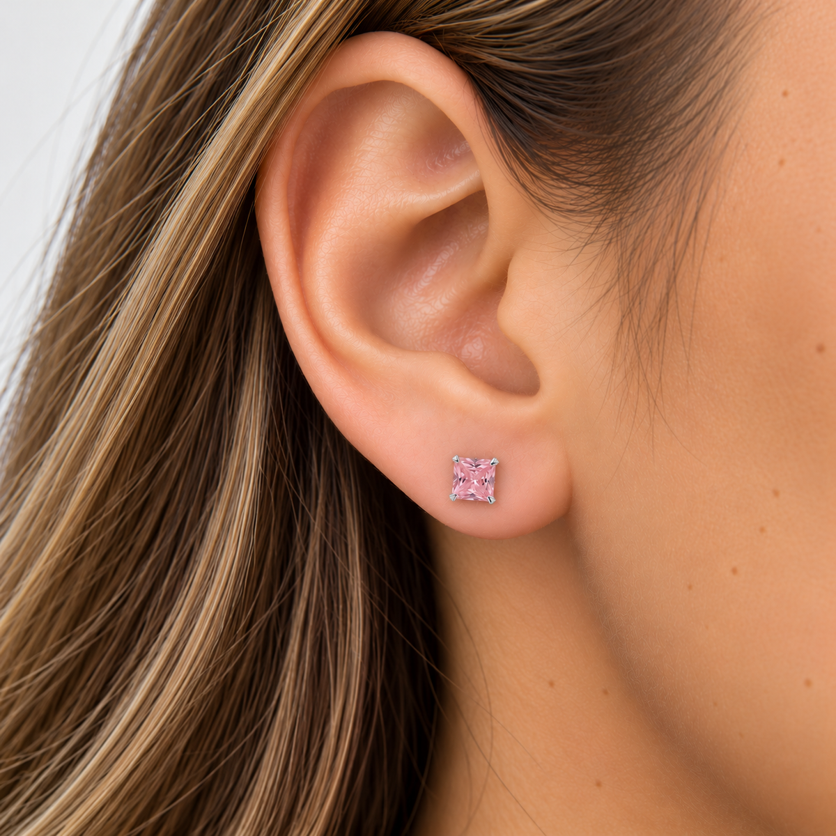 Aros punto de luz cuadrado rosa plata 6 mm
