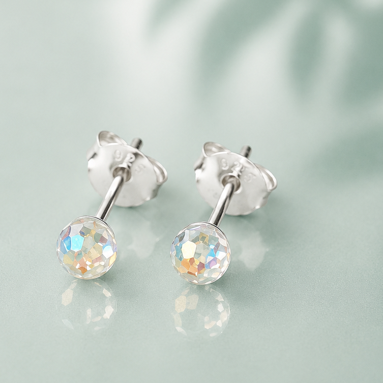 Aros esfera tornasol cristal plata