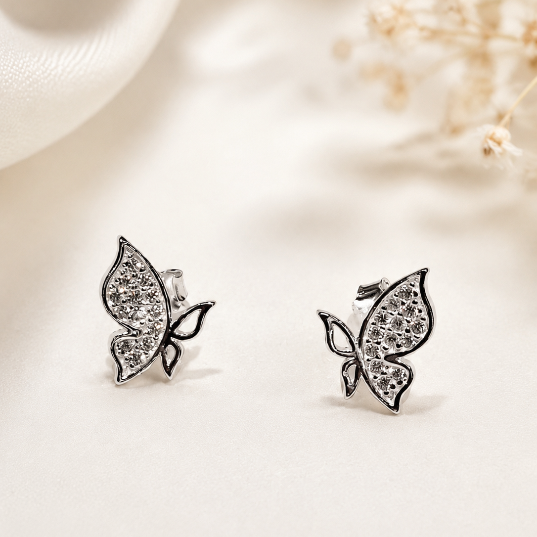 Aros pegados mariposa circón plata