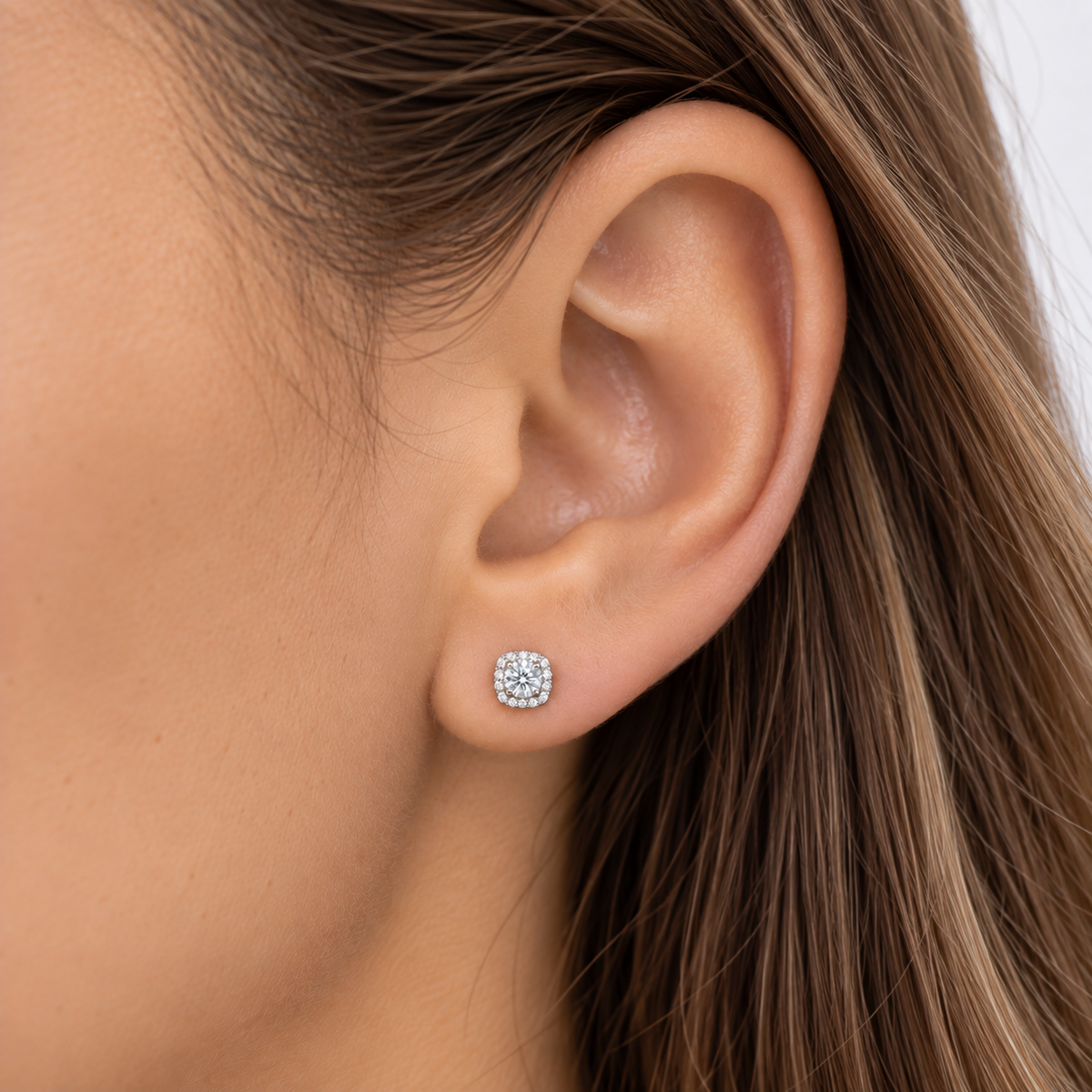 Aros Halo Cuadrado Moissanita Plata